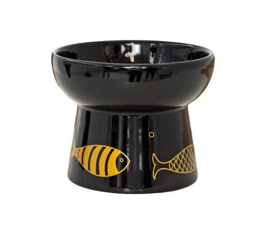 Dexypaws Black Ceramic Raised Cat Bowl with Gold Fish Print