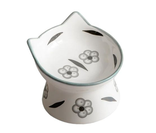 Dexypaws White Ceramic Raised Cat Bowl with White Flower Print