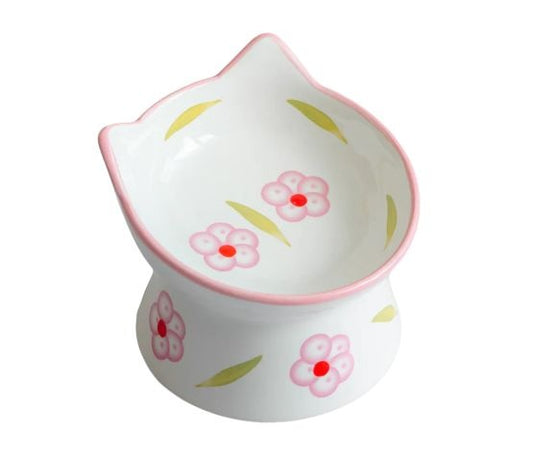 Dexypaws White &amp; Pink Flowers Ceramic Raised Cat Bowl