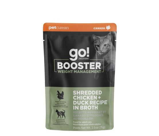 Go Booster pour chat Contrôle du poids poulet effiloché & canard avec sauce 71 g